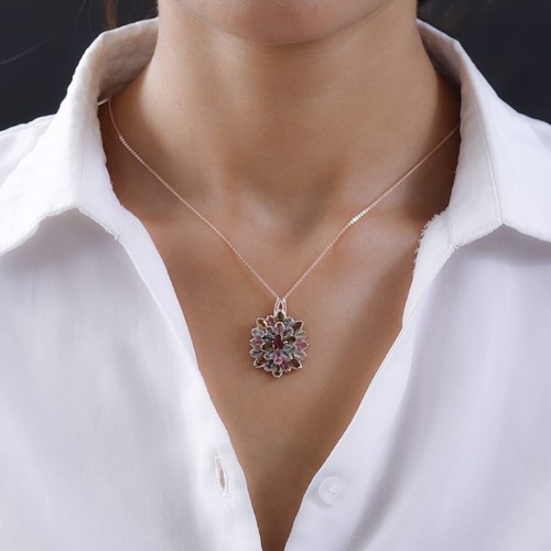 Collana D'Joy con ciondolo multi tormalina 925 STS (20 pollici) disegno floreale nuova con etichetta 4,25 ct - Foto 14 di 16