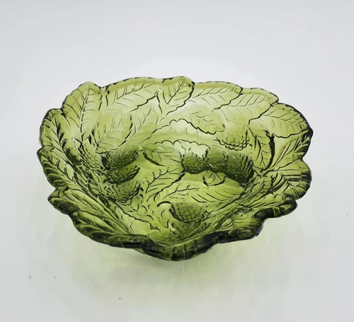Vintage Indiana Glass Green Loganberry Candy Bowl Dish berries leaves 1950s