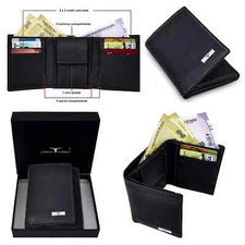 Genuine Leather Mens Wallet Slim Trifold Wallets For Men With ID Window RFID