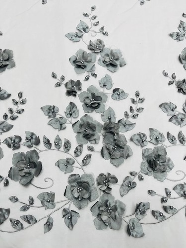 Gray Orquidia 3D Floral Embroider With Pearls On a Mesh Lace Fabric by Yard - Picture 3 of 4