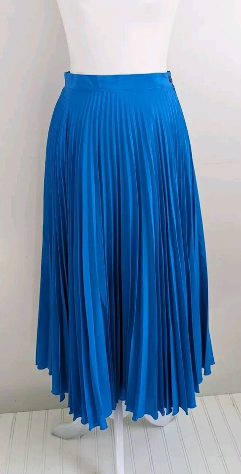 Falda Plisada Azul Francesa Vintage Poliéster Sedoso Midi Modesta Femenina 28" Cintura Foto 2 de 4