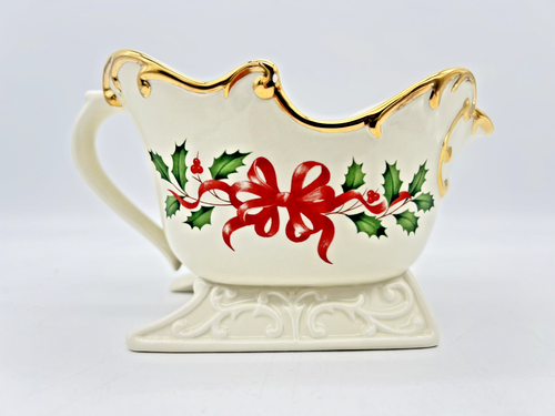 STUNNING Lenox "Holiday Santa Collection" Sleigh Creamer Only - Holly & Ribbons - Picture 3 of 6