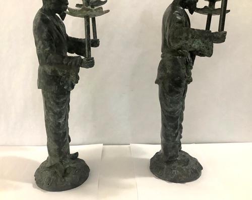 Pair VTG 9.5 LBS Solid VerdigrisBronze 16” Tall Chinese Man Candle Stick Holders - Picture 8 of 13