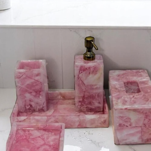 Handcrafted Rose Quartz Bathroom Accessories – Spa-Inspired Crystal Bath Decors - Picture 4 of 5