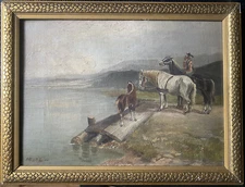 Oil Painting H. Blanz 1911 Three Horses Racing Rider Calls Over The Lake Foals