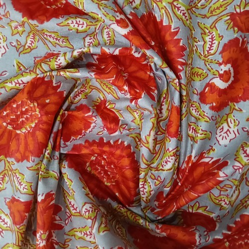 Red Flower Green Leaf's Cotton Hand Block Printed 2.5 Yard Fabric Craft Material - Picture 4 of 4
