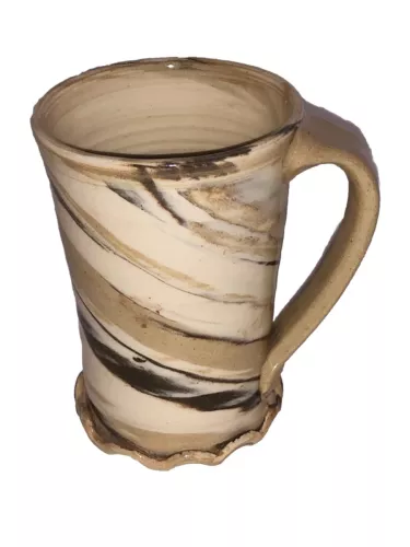 Vintage Pottery Hand-thrown Signed Mug Stoneware Beautiful Swirl Tan Dark Brown