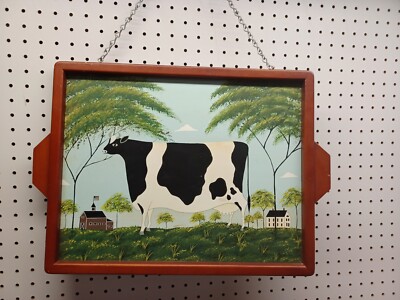 Warren Kimble Wall Hanging Wood Frame Tray Folk Art Cow by Sakura