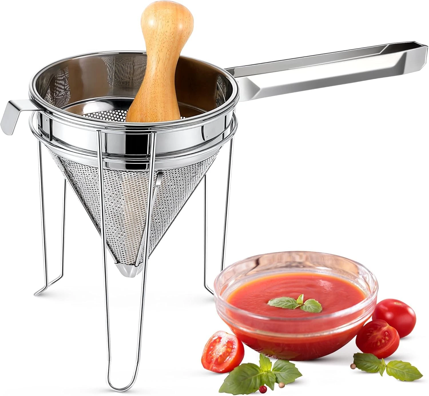 Stainless Steel Chinois Strainer W/ Stand & Wooden Pestle Set China Cap Strainer