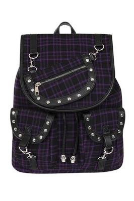 BANNED Apparel Purple Check Punk Emo Rockabilly Gothic Studded Yamy Bag Backpack