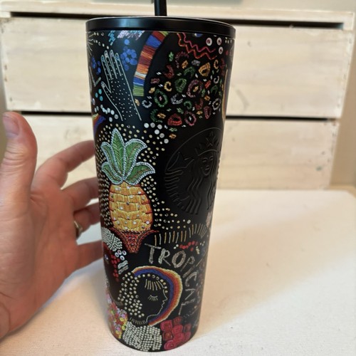 Bicchiere tazza fredda Starbucks + Farm Rio Summer 2025 nero arcobaleno 24 oz NUOVO DI ZECCA - Foto 8 di 12