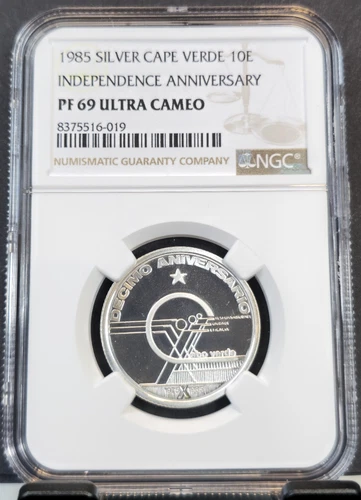 1985 CAPE VERDE SILVER 10 ESCUDOS INDEPENDENCE NGC PF 69 ULTRA CAMEO TOP POP