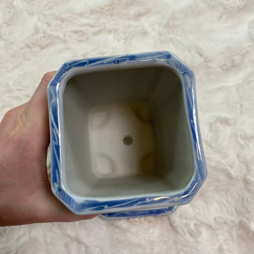 Maceta cuadrada china vintage azul blanco porcelana pintada a mano - Imagen 9 de 12