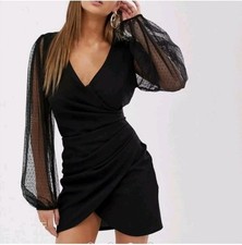 NWT Asos Black Sheer Balloon Sleeve Ruched Wrap Feminine Dobby Mini Dress Size 6