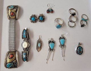 Vintage Native American Jewelry Lot 13 Pieces Sterling Silver & Turquoise
