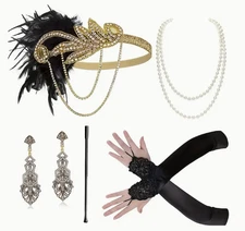 FLAPPER ACCESSORY -1920s 4Pcs Flapper Accessories Set, Gold and Black Headband