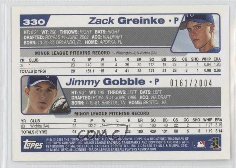 2004 Topps Future Stars Gold /2004 Zack Greinke Jimmy Gobble #330 - Image 2 of 2