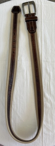 Tommy Bahama Hombres Talla 36 Tostado Tejido Lona Algodón Cuero Borde Níquel Hebilla Cinturón - Imagen 3 de 11