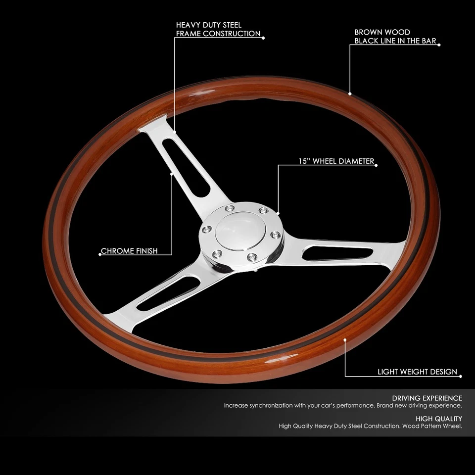 15" DARK WOOD GRAIN 2"DEEP DISH STAINLESS STEEL 3-SPOKES VINTAGE STEERING WHEEL - Image 2 of 4