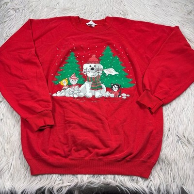 Vintage XL Dog Cat Christmas Sweatshirt Red Suzy Spafford Grandmacore Kawaii
