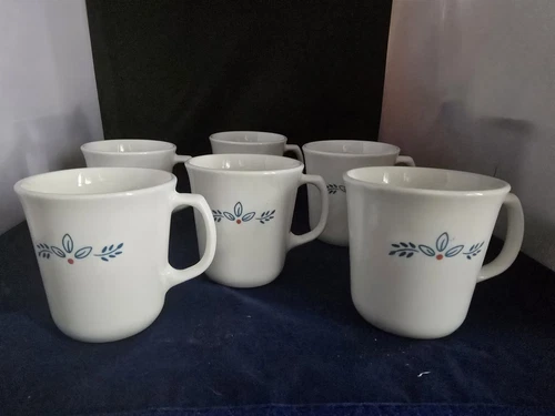  Vintage Lot Of 6 Corning Subtle Blue Coffee Mugs Cups