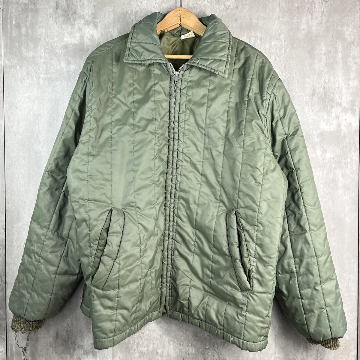 Vintage Sears Work Jacket L Hooded Made USA Quilted Puffer Nylon Distressed