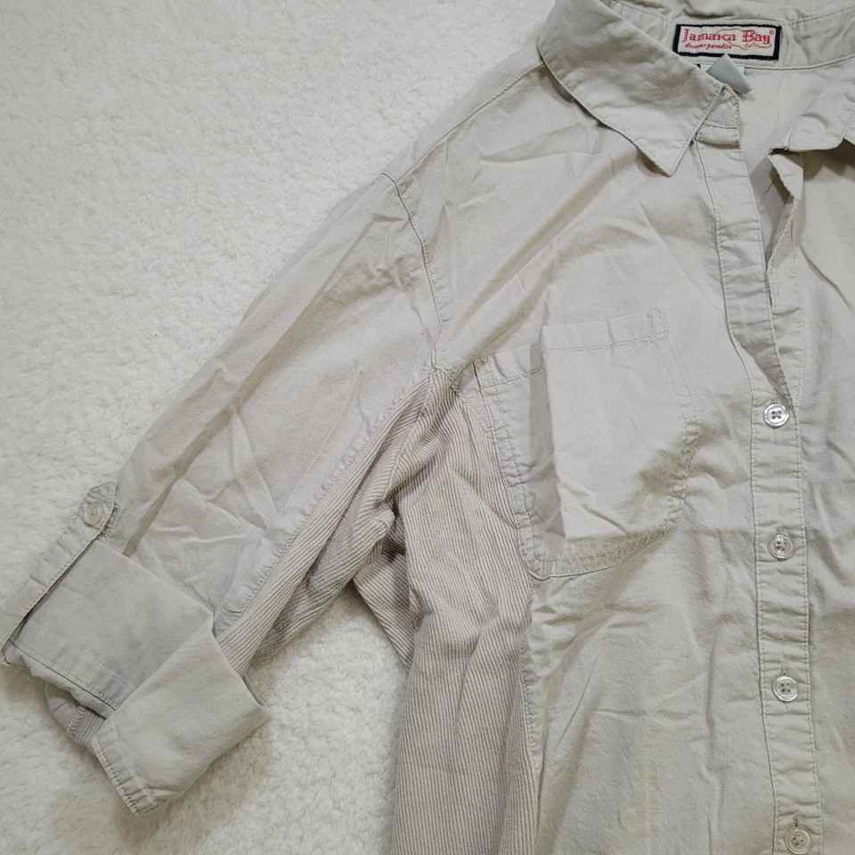 Camisa blusa para mujer Jamaica Bay talla L mangas enrollables beige transparente usada Foto 3 de 4