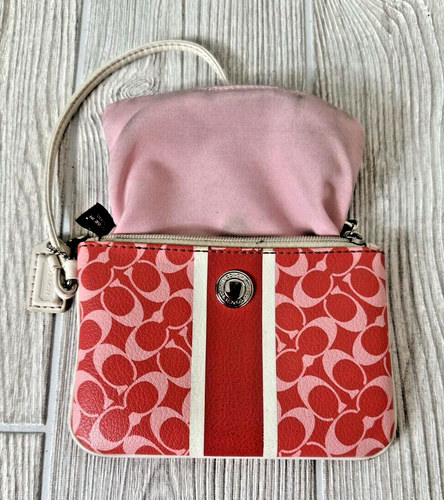 Coach Wristlet Chelsea Papaya Pink Heritage Print Stripe Signature Handbag Purse - Picture 2 of 15