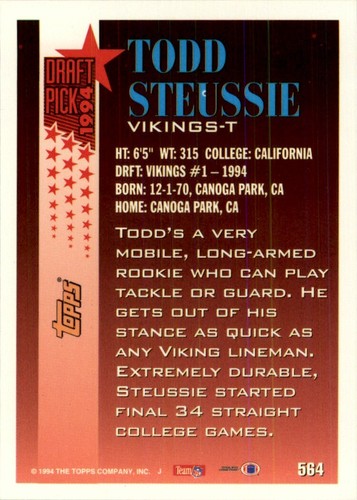 1994 Topps NFL Todd Steussie #564 - Picture 2 of 2