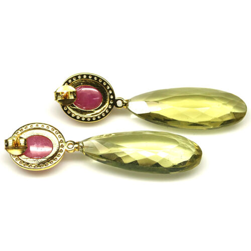 925 Sterling Silver 12 x 30 mm. Lemon Quartz, Ruby & Zircon Earrings - Picture 3 of 4