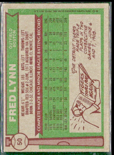 1976 Topps #50 Fred Lynn - Boston Red Sox - Picture 2 of 2
