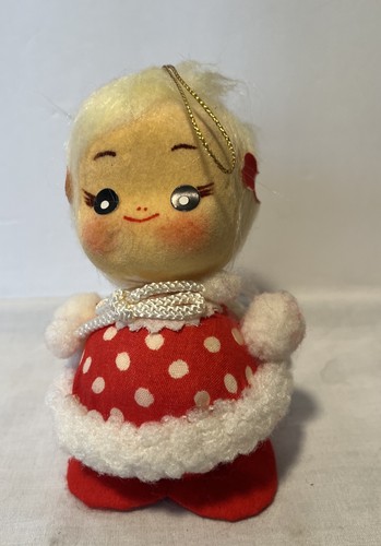 Vintage Japan große Augen Puppe beflockt Figur Dekor 4,5" Ornament rot Filz - Bild 1 von 6