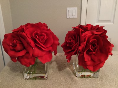Red Roses In Square Glass Vase Home Decor Two Arrangements