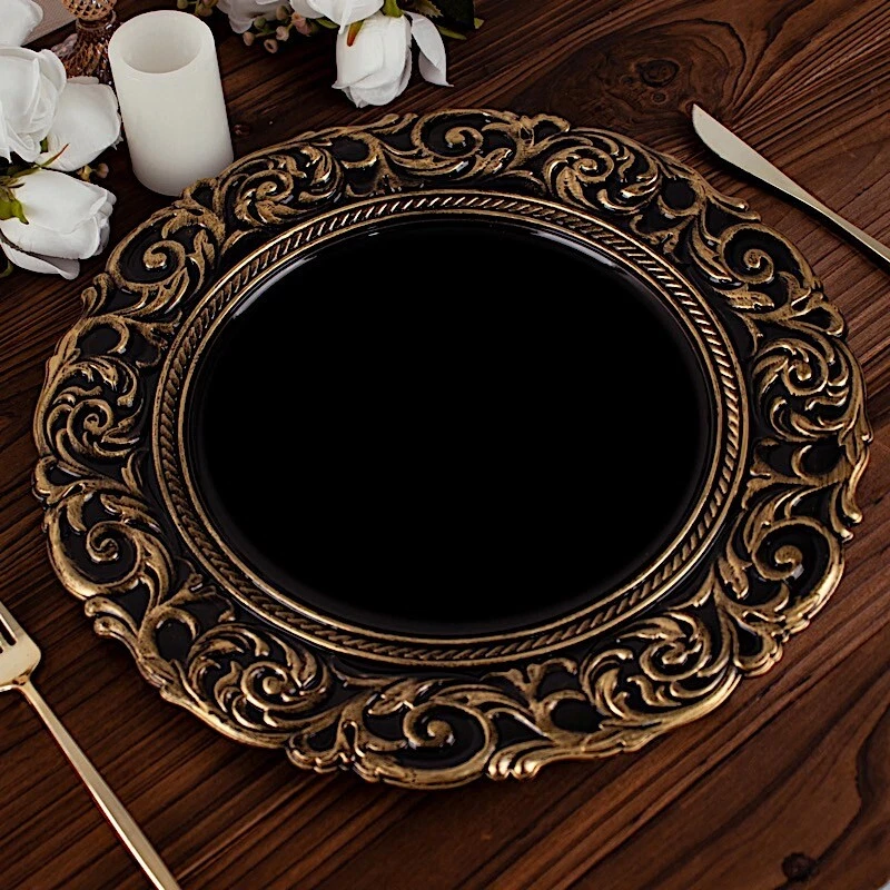 6 placas de cargador metálicas barrocas redondas de oro negro de 14" suministros de boda Foto 3 de 4