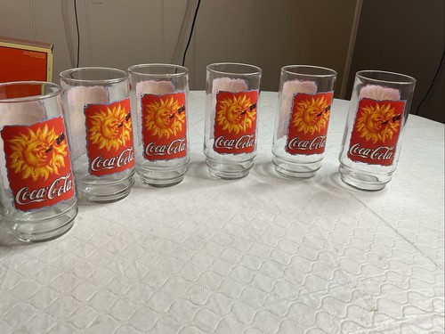 Vintage Coca Cola Trinkglas 6er Set Sonnen Soda Gläser Werbung Rot 1995