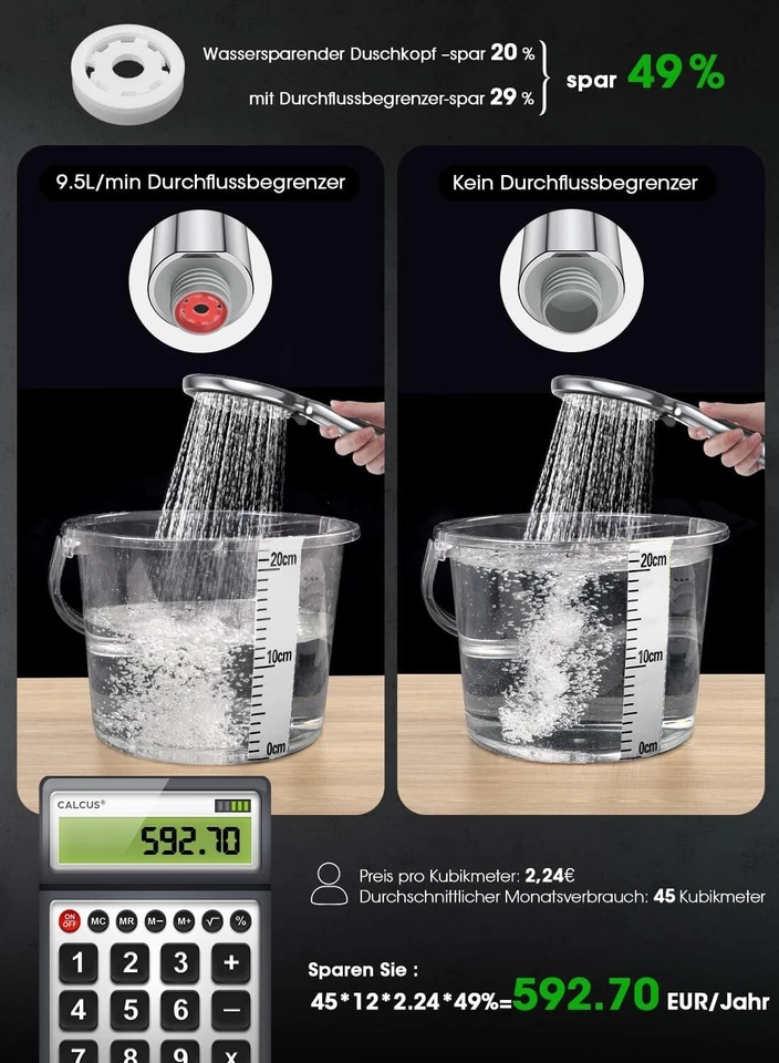 Duschkopf Duschbrause Brause mit Schlauch Wassersparend Silber B484 - Bild 2 von 4