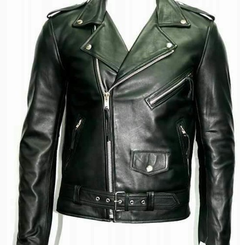 Men's Real Leather Biker Motorcycle Biker Brando Fashion Jacket - Black - Picture 6 of 7