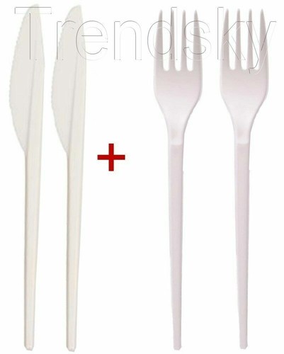 2in1] Gabel + Messer Weiß Plastik Speise Menü Besteck für Party/Picknick Stabil - Bild 1 von 2