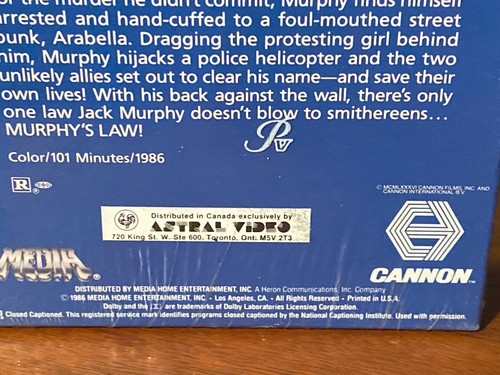 Murphy's Law VHS 1986, MEDIA/ASTRAL/CANNON, FULL FLAP, BRAND NEW, SEALED, RARE! - Picture 3 of 6
