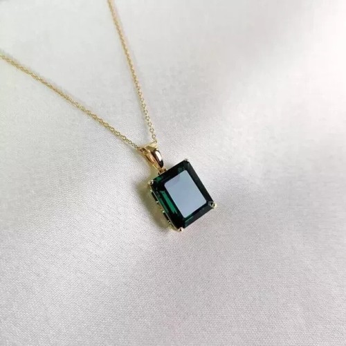 4Ct Emerald Cut Women's Pendant Natural Green Emerald 14K Yellow Gold Plated - Picture 4 of 10