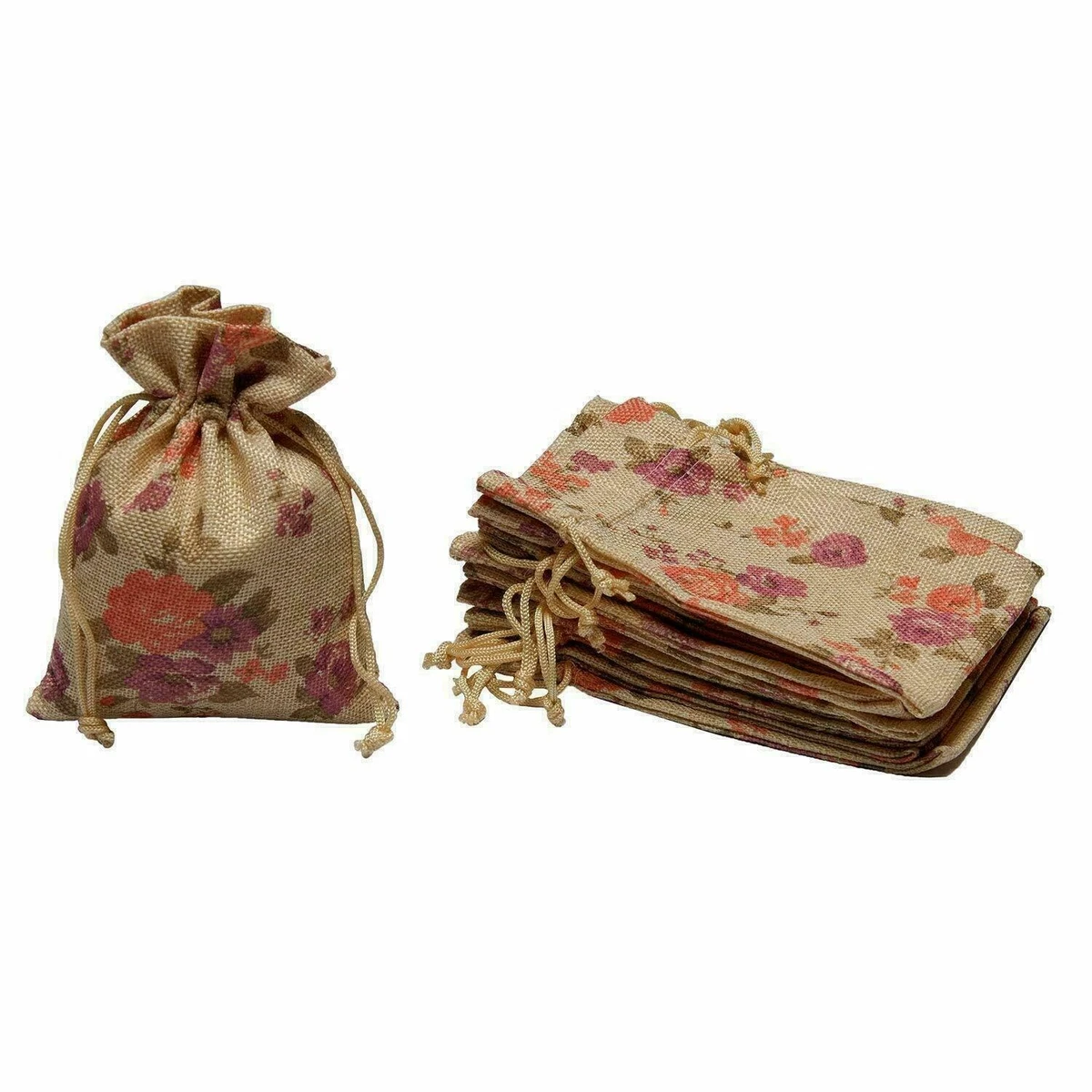 Natural Jute Linen Floral Potlis Burlap Diwali Gift Pouches Bags -10Pack