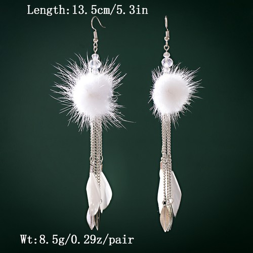 2020 Women Round Wool Long Chain Tassel Earring Drop Leave Feather Hook Earrings - Picture 3 of 35