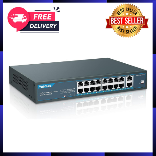 16 Port Poe Switch with 2 Gigabit Uplink 16 Poe+ Port 10/100Mbps Network Switch