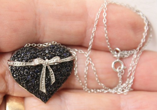 DBJ Sterlingsilber 925 Diamant & schwarze Kristalle Herz Anhänger Kette Halskette - Bild 3 von 7