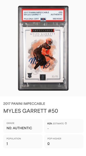 RARE 2017 PANINI IMPECCABLE MYLES GARRETT #31/75 AUTO SIGNED ROOKIE CARD PSA - Picture 3 of 3