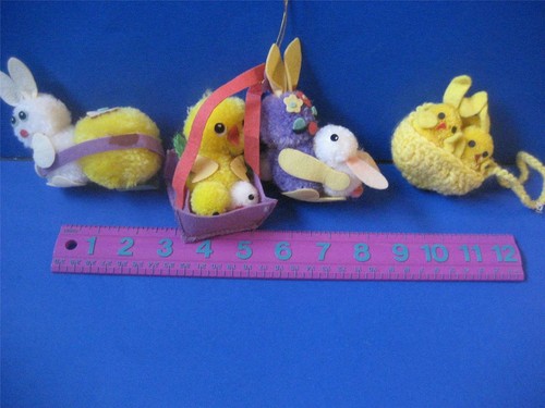 Vtg Easter Pom Pom Decorations 7 Chicks Rabbits Bunny Google Eyes Felt Yarn Lot - Picture 3 of 12