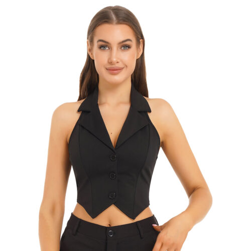 Women's V Neck Vest Lapel Halter Backless Button Down Pointed Hem Crop AU - Picture 10 of 53