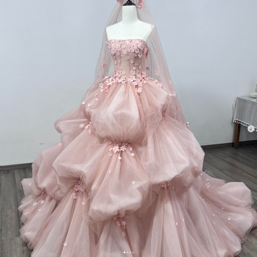 Rosa Rüschen Quinceanera Kleid 3D Blumen Prinzessin ärmellos süß 15 Ballkleid - Bild 1 von 11