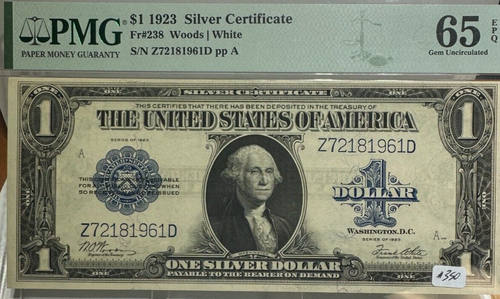1923 ONE DOLLAR $1 SILVER CERTIFICATE PMG GEM UNC 65 EPQ FR 238