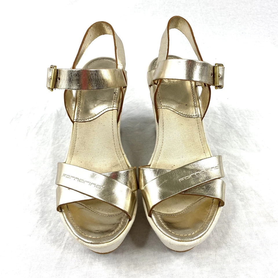 Sandalias Fornarina para mujer de lona con plataforma de cuña de cuero dorado talla 8 Foto 4 de 4